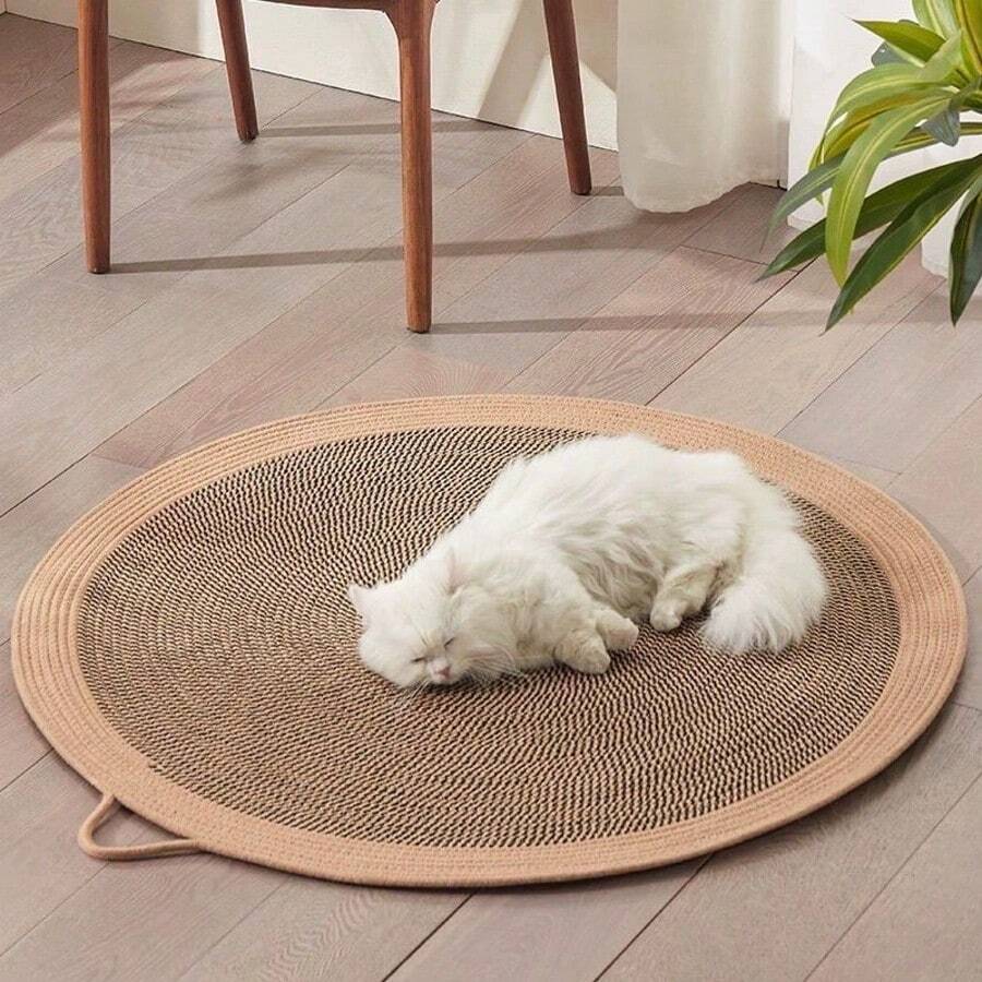 Multicolor non-shed rope woven cat scratching pad designed for pet scratching and lounging