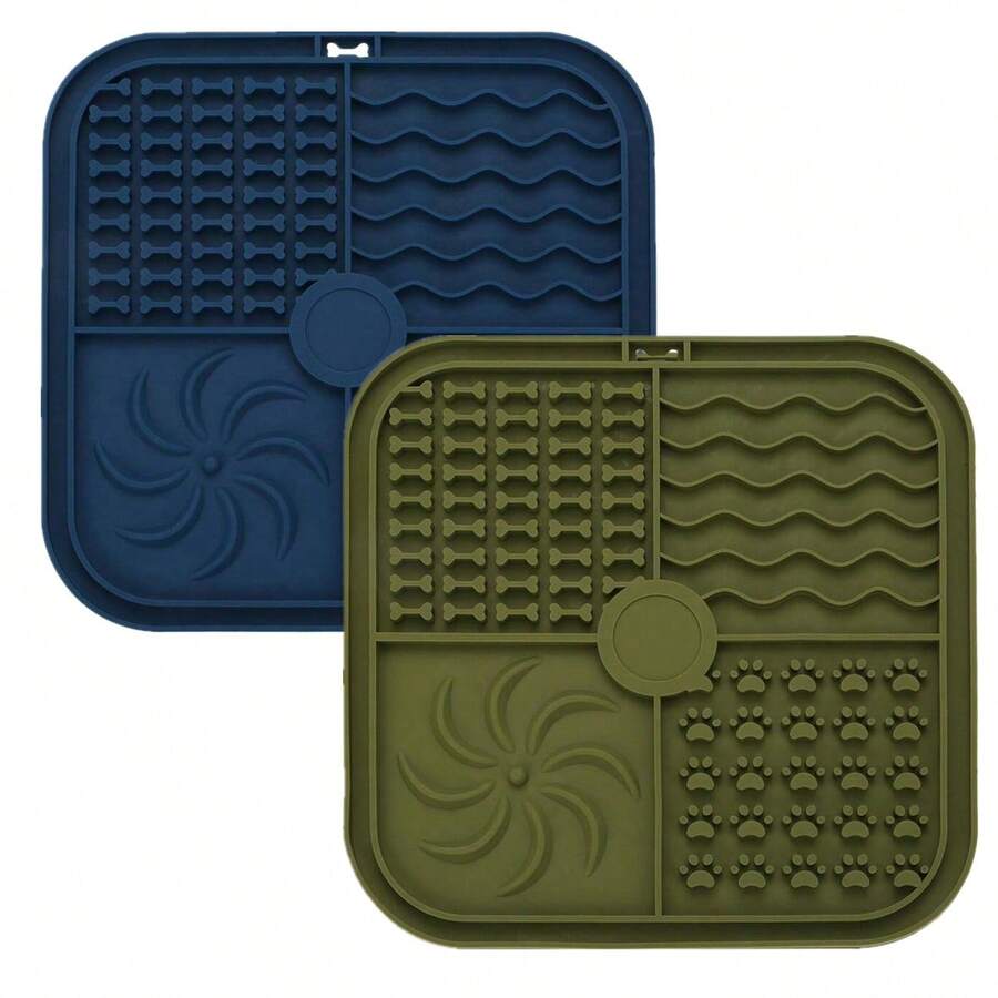Multicolor square silicone dog lick mat featuring textured slow feeder patterns and suction cups.
