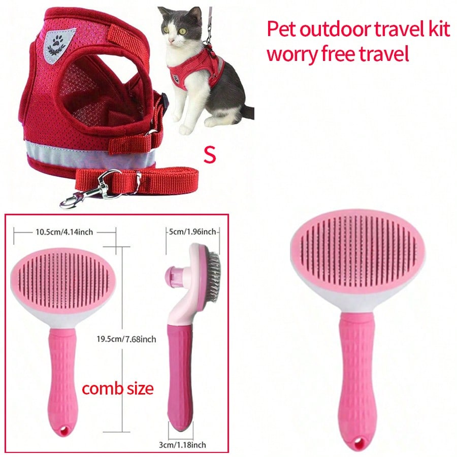 Multicolor reflective polyester vest harness and leash set for cats and dogs with brush and foldable food bowl for outdoor walking and travel