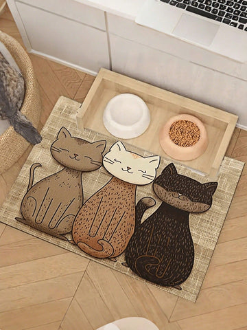 Multicolor geometric cats printed pet food mat with non-slip rubber backing placed under pet feeding bowls.