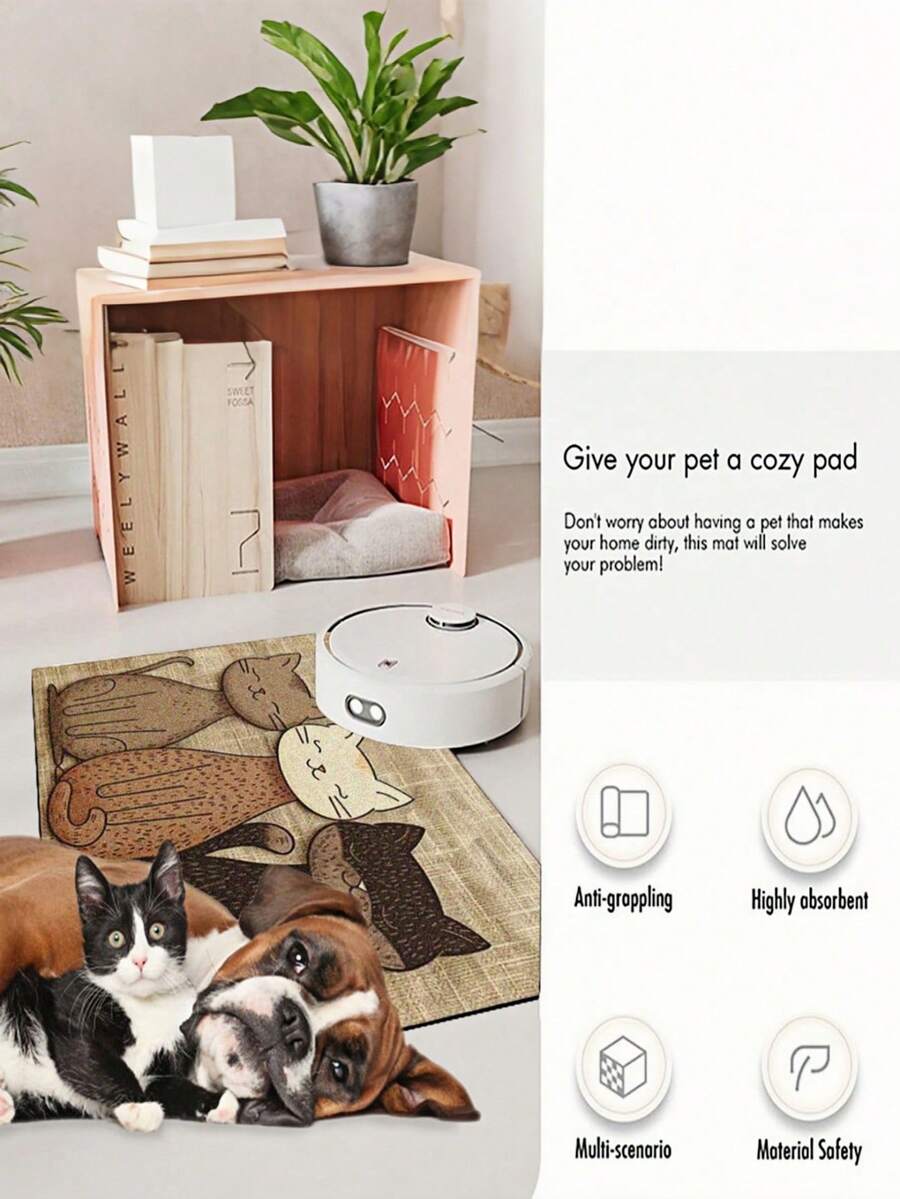 Multicolor geometric cats printed pet food mat with non-slip rubber backing placed under pet feeding bowls.