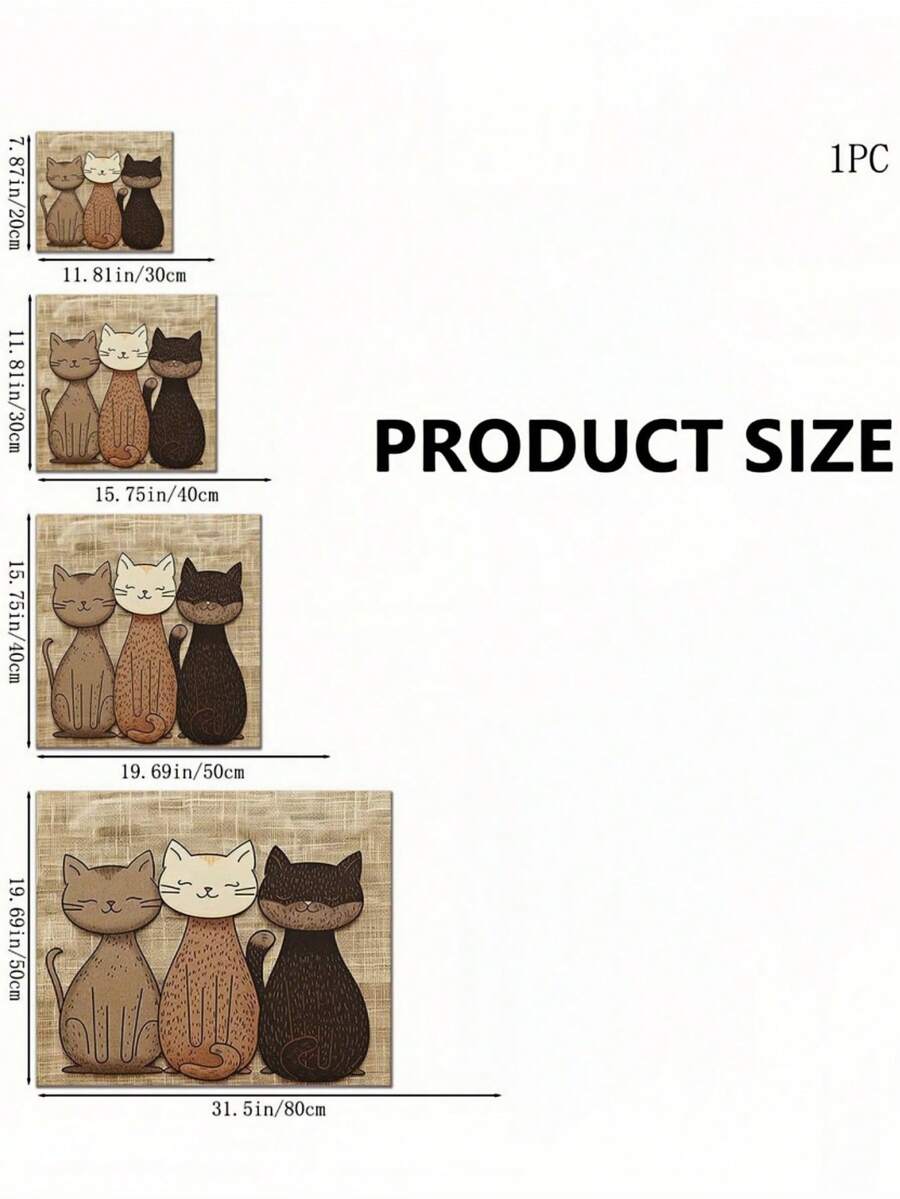 Multicolor geometric cats printed pet food mat with non-slip rubber backing placed under pet feeding bowls.