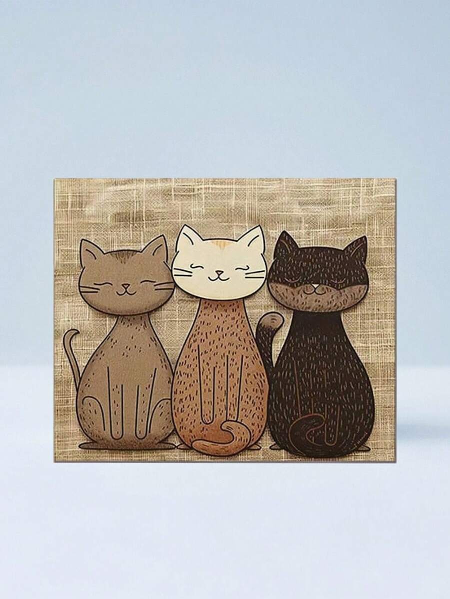 Multicolor geometric cats printed pet food mat with non-slip rubber backing placed under pet feeding bowls.