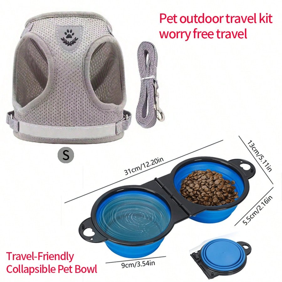 Multicolor reflective polyester vest harness and leash set for cats and dogs with brush and foldable food bowl for outdoor walking and travel