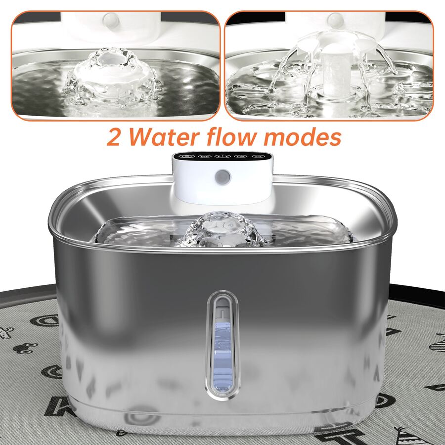 Silver stainless steel automatic cat water fountain with rechargeable battery and motion sensor