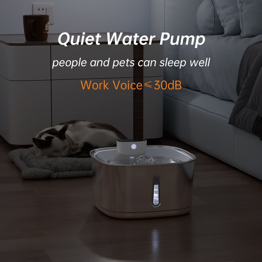 Silver stainless steel automatic cat water fountain with rechargeable battery and motion sensor