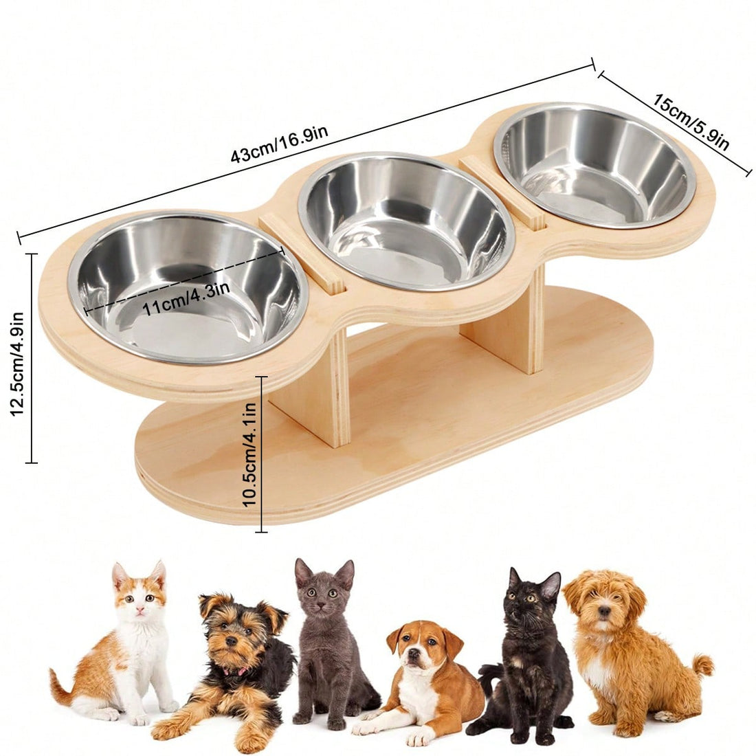 15° Tilted Elevated Cat Bowl, Anti-Vomiting Design, Adjustable Wooden Stand For Dog Bowls, 3 Stainless Steel Bowls, Suitable For Cats And Small Dogs