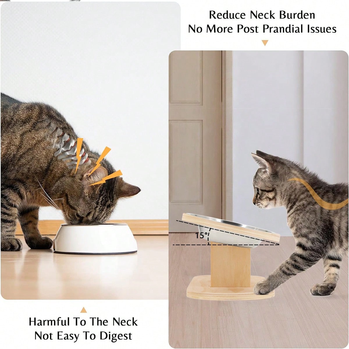 15° Tilted Elevated Cat Bowl, Anti-Vomiting Design, Adjustable Wooden Stand For Dog Bowls, 3 Stainless Steel Bowls, Suitable For Cats And Small Dogs