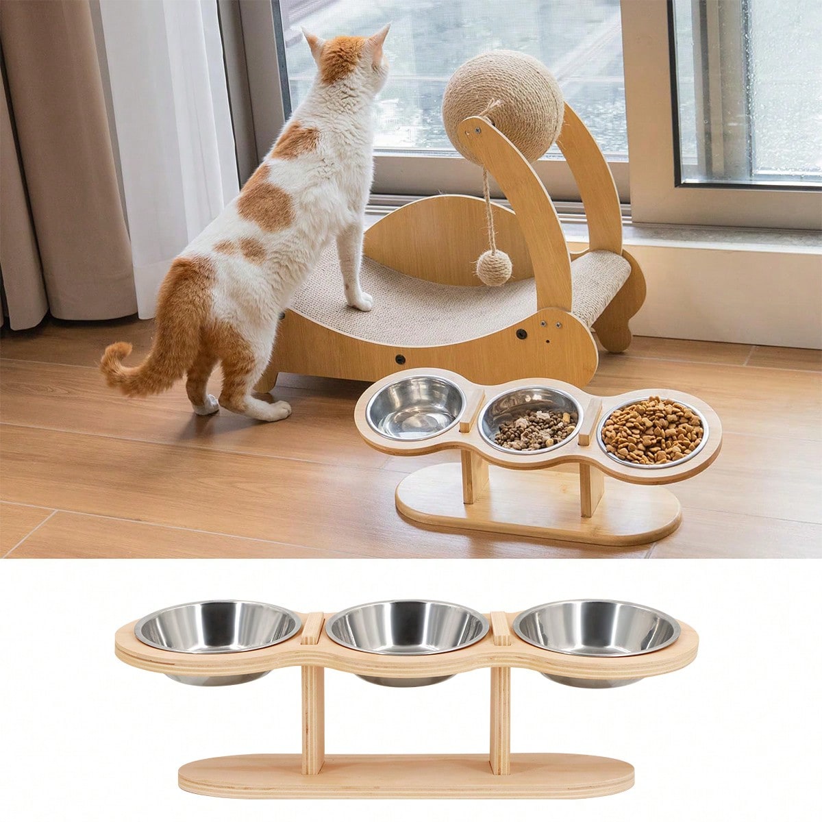 15° Tilted Elevated Cat Bowl, Anti-Vomiting Design, Adjustable Wooden Stand For Dog Bowls, 3 Stainless Steel Bowls, Suitable For Cats And Small Dogs