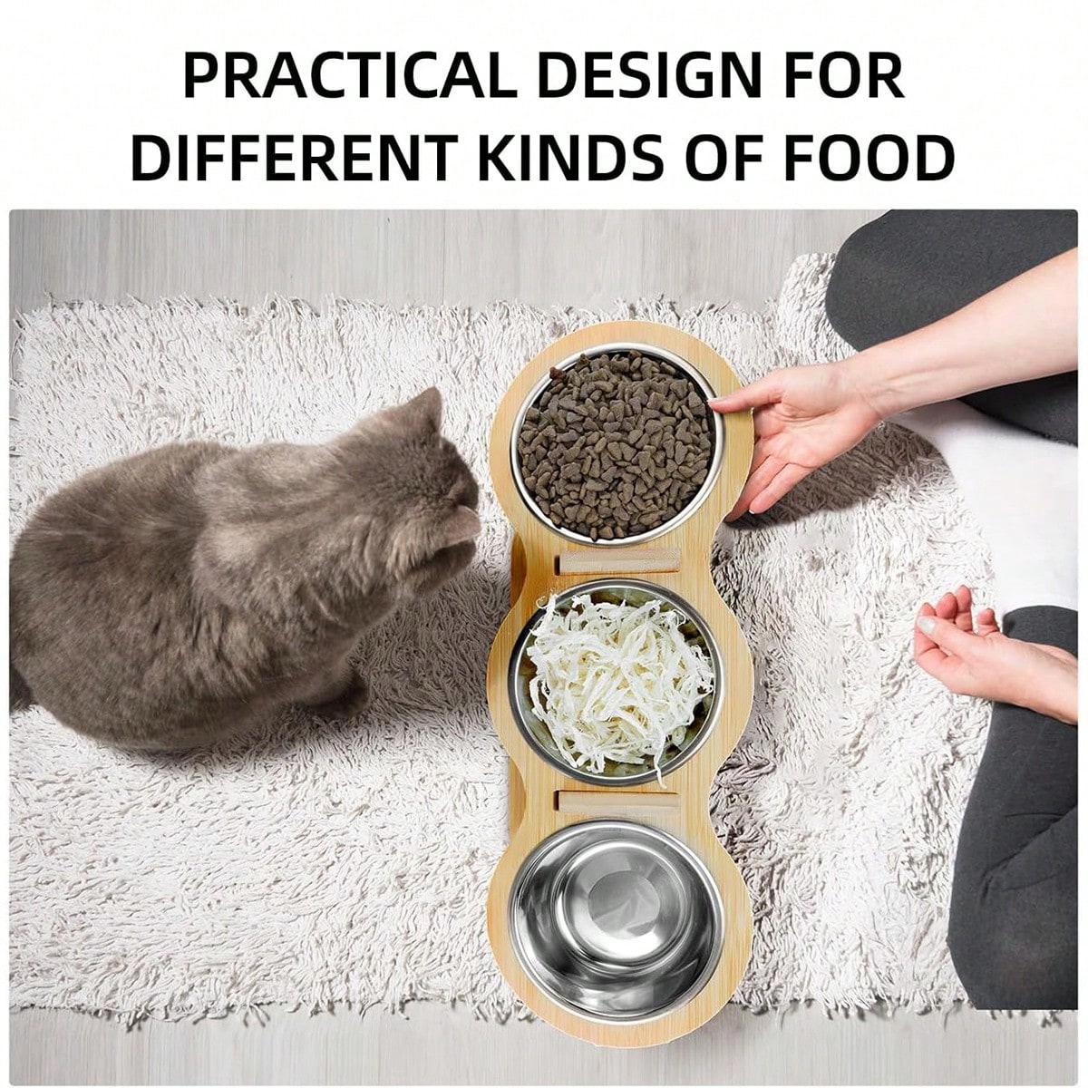 15° Tilted Elevated Cat Bowl, Anti-Vomiting Design, Adjustable Wooden Stand For Dog Bowls, 3 Stainless Steel Bowls, Suitable For Cats And Small Dogs
