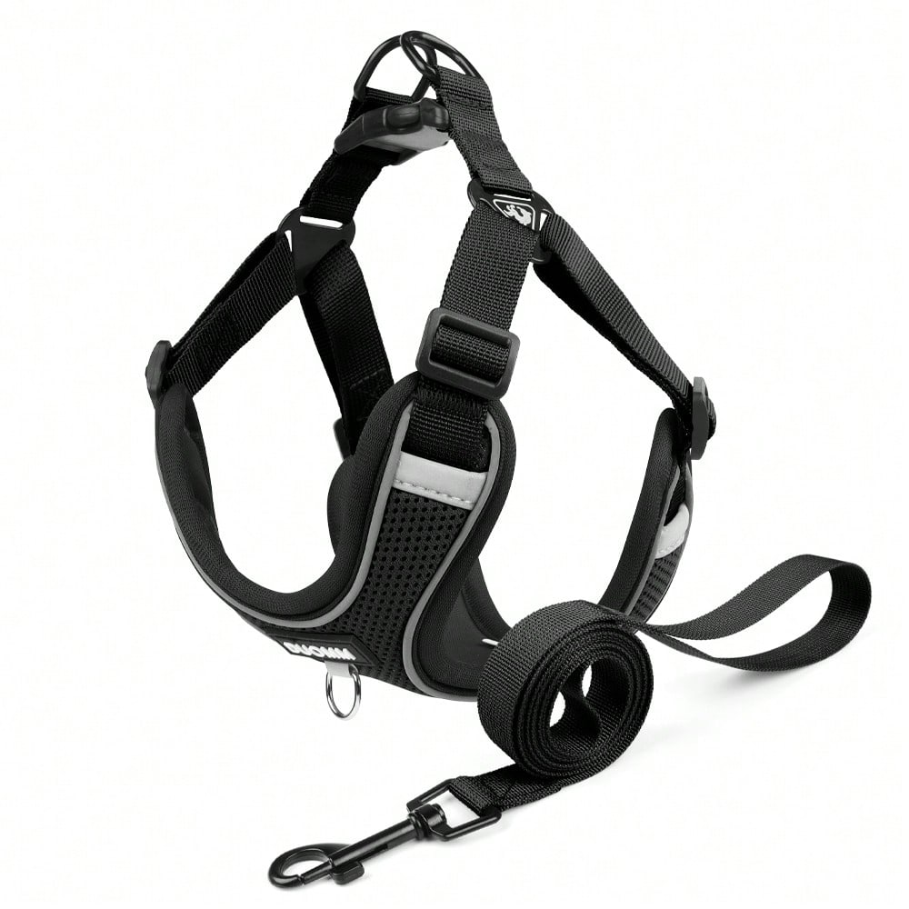 Black reflective dog leash set with adjustable polyester harness and collar, soft breathable mesh design for small and medium dogs during outdoor walks