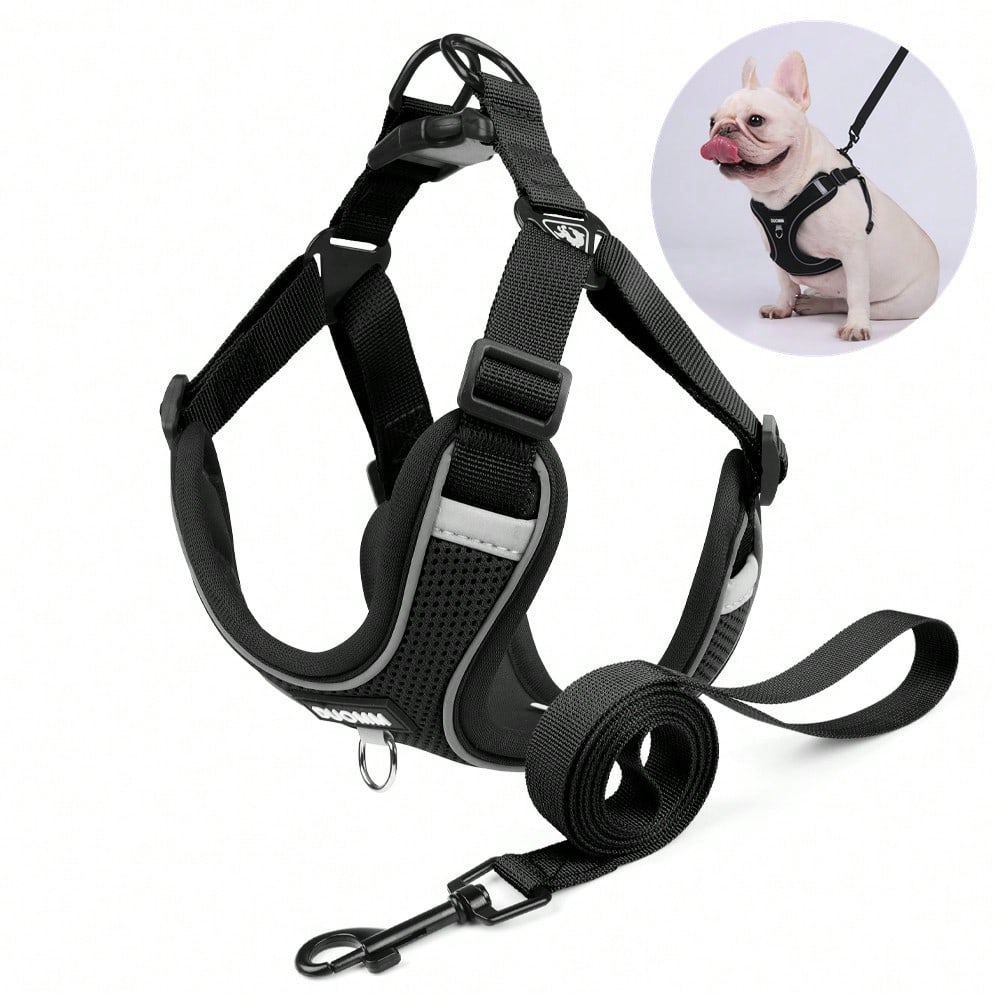 Black reflective dog leash set with adjustable polyester harness and collar, soft breathable mesh design for small and medium dogs during outdoor walks