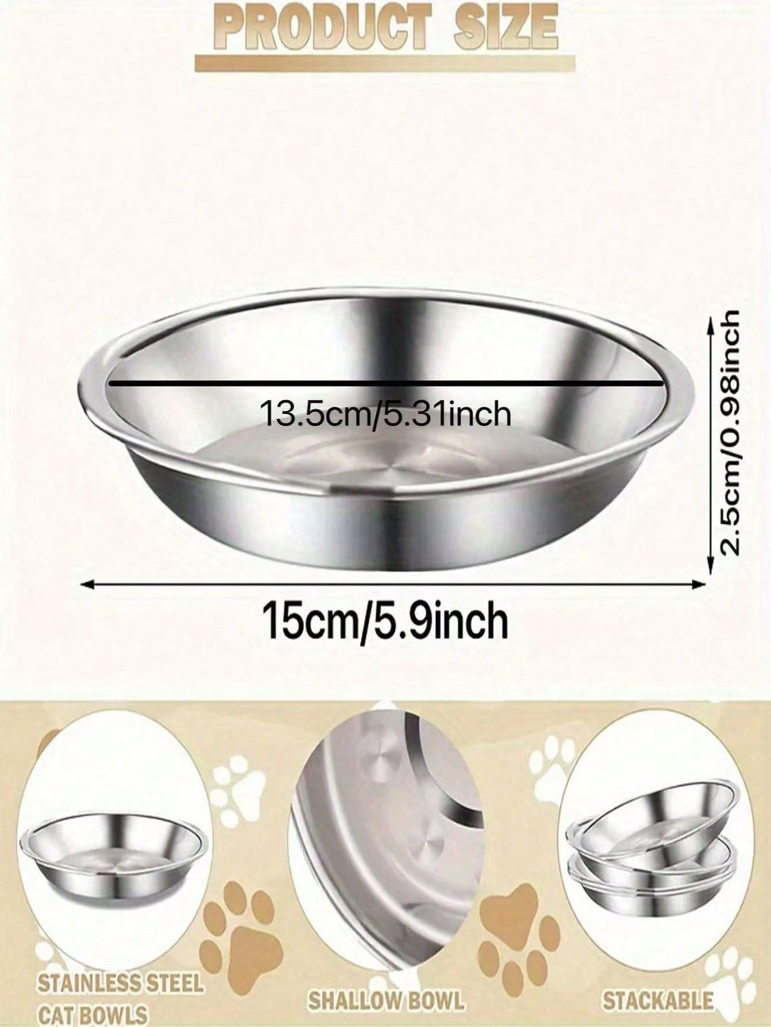 1/2/5PCS Stainless Steel Cat Bowl, 5.9 Inch Tub Pet Dish, Wide And Shallow Design Fits Cat Whiskers, Easy To Clean For Cats And Puppies, Large Diameter Pet Food And Water Bowl, Safe Dishwasher Safe Material.