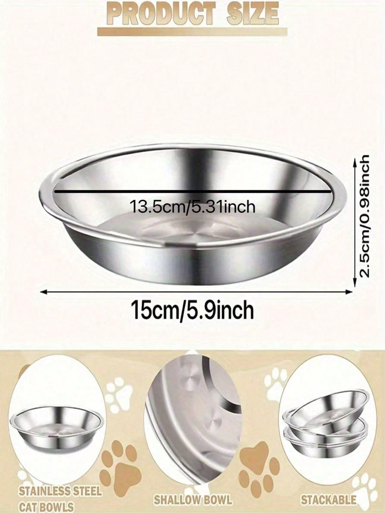 1/2/5PCS Stainless Steel Cat Bowl, 5.9 Inch Tub Pet Dish, Wide And Shallow Design Fits Cat Whiskers, Easy To Clean For Cats And Puppies, Large Diameter Pet Food And Water Bowl, Safe Dishwasher Safe Material.