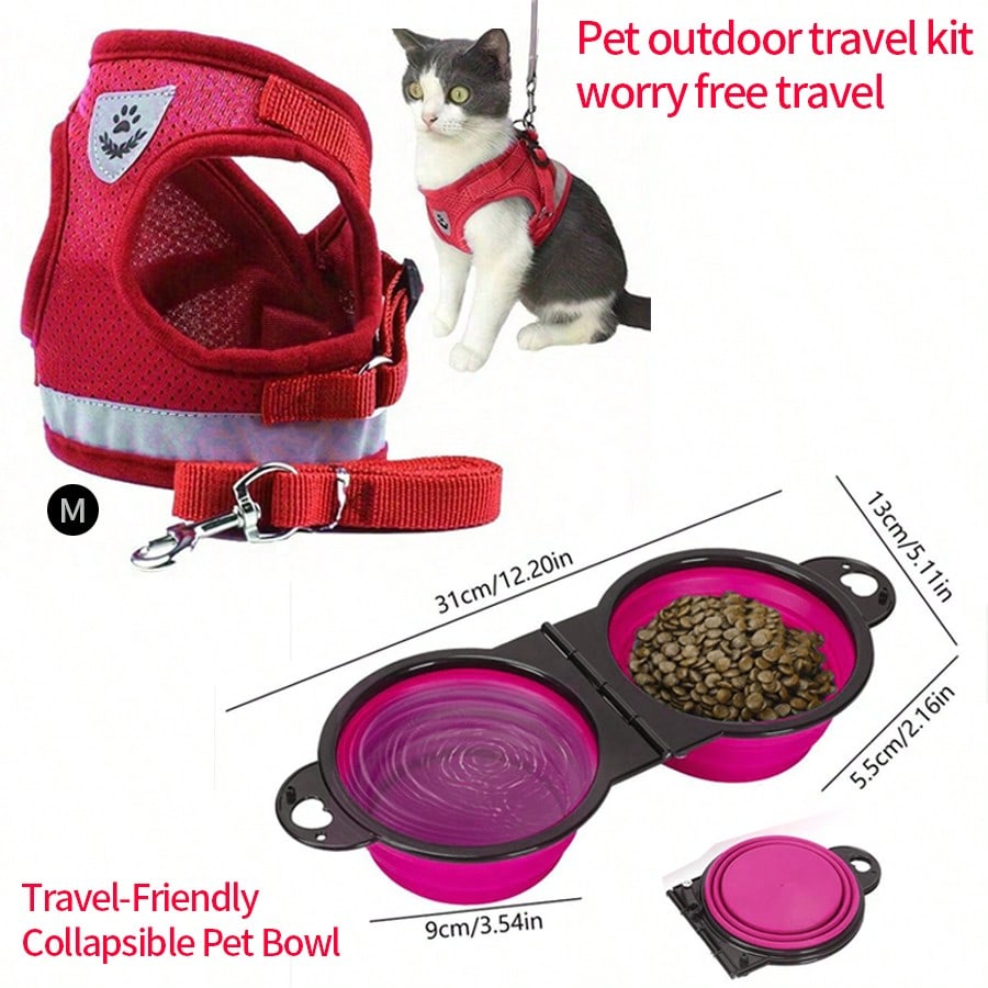 Multicolor reflective polyester vest harness and leash set for cats and dogs with brush and foldable food bowl for outdoor walking and travel