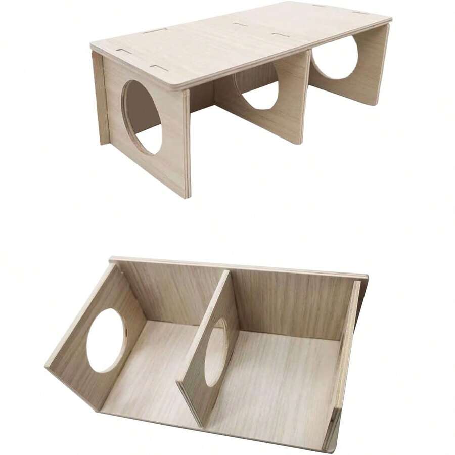Multicolor wooden multi-chamber hamster house maze featuring 3-room hideouts and exploring tunnels for small pets.