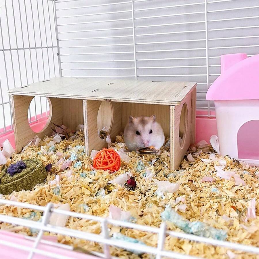 Multicolor wooden multi-chamber hamster house maze featuring 3-room hideouts and exploring tunnels for small pets.
