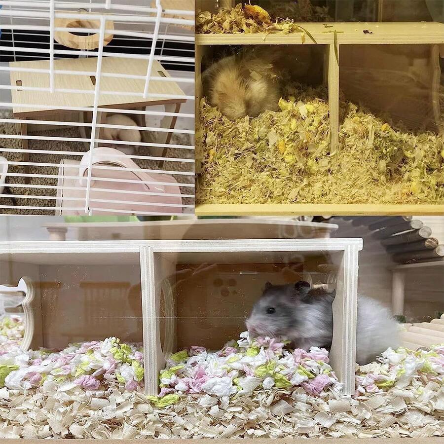 Multicolor wooden multi-chamber hamster house maze featuring 3-room hideouts and exploring tunnels for small pets.