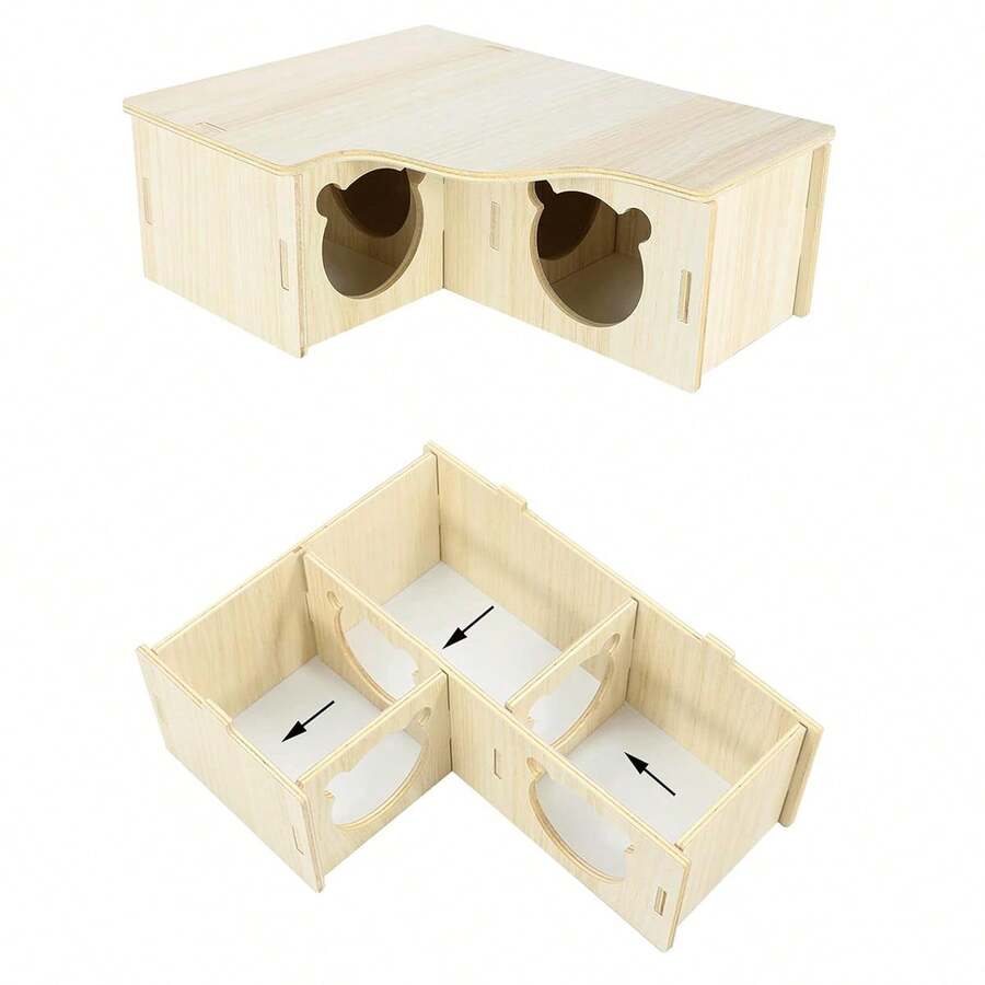 Multicolor wooden multi-chamber hamster house maze featuring 3-room hideouts and exploring tunnels for small pets.