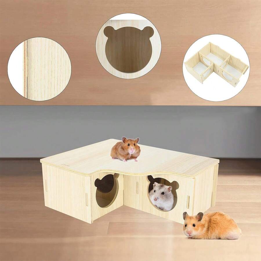 Multicolor wooden multi-chamber hamster house maze featuring 3-room hideouts and exploring tunnels for small pets.
