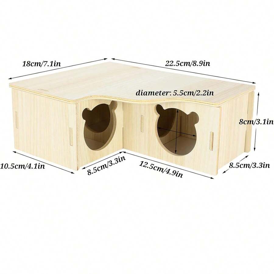 Multicolor wooden multi-chamber hamster house maze featuring 3-room hideouts and exploring tunnels for small pets.
