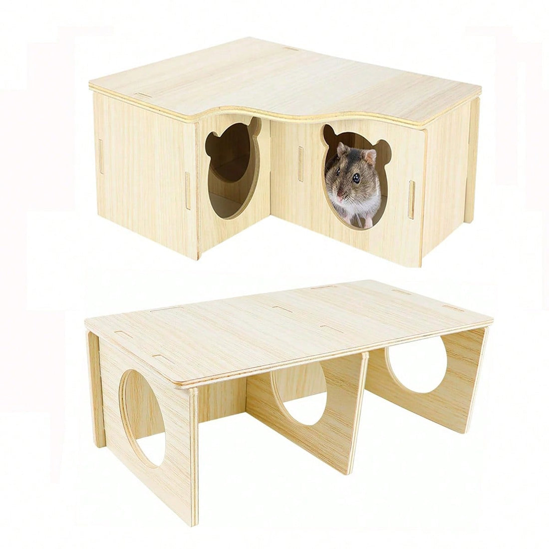Multicolor wooden multi-chamber hamster house maze featuring 3-room hideouts and exploring tunnels for small pets.