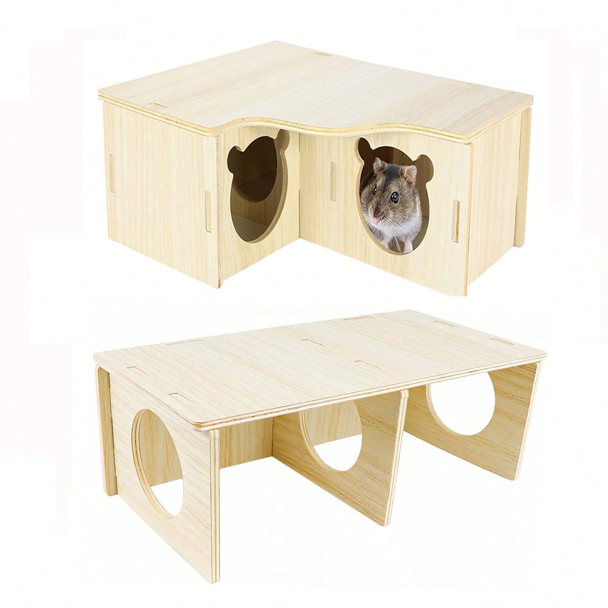 Multicolor wooden multi-chamber hamster house maze featuring 3-room hideouts and exploring tunnels for small pets.