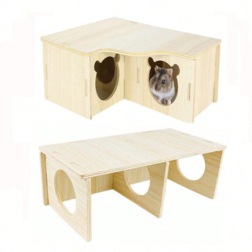 Multicolor wooden multi-chamber hamster house maze featuring 3-room hideouts and exploring tunnels for small pets.