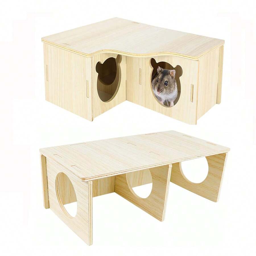Multicolor wooden multi-chamber hamster house maze featuring 3-room hideouts and exploring tunnels for small pets.