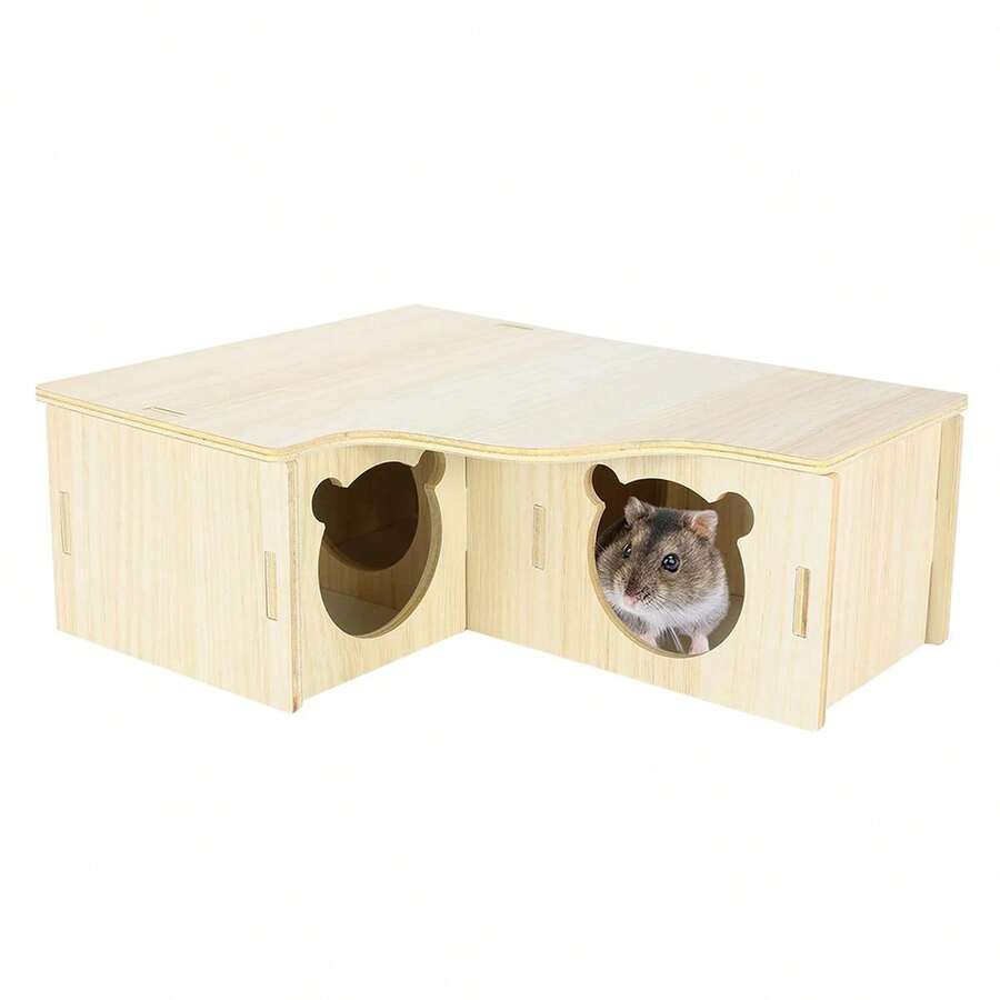 Multicolor wooden multi-chamber hamster house maze featuring 3-room hideouts and exploring tunnels for small pets.