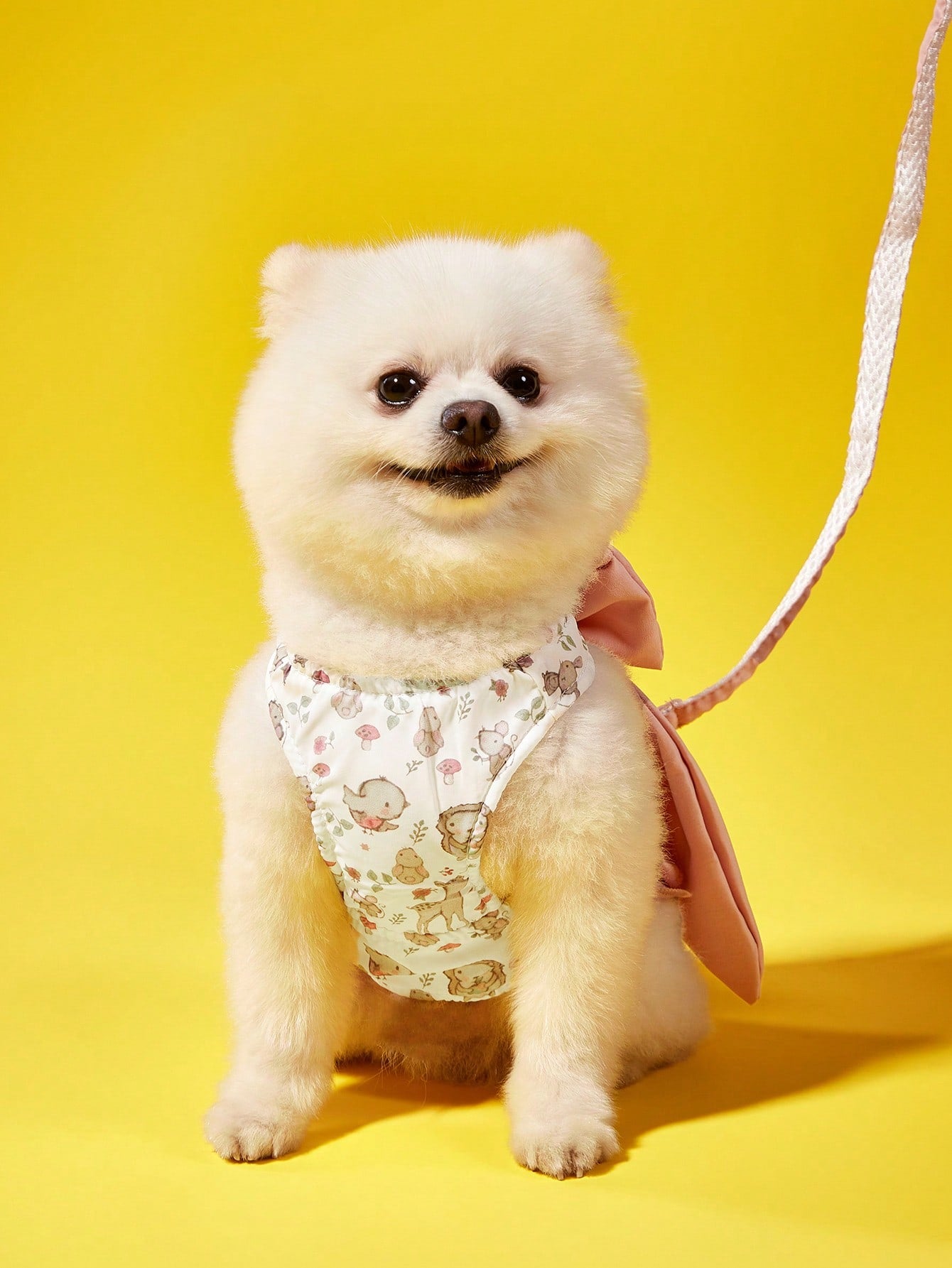 Dusty pink Japanese style 3-in-1 pet harness and leash set with bowknot design and plant pattern for cats and dogs