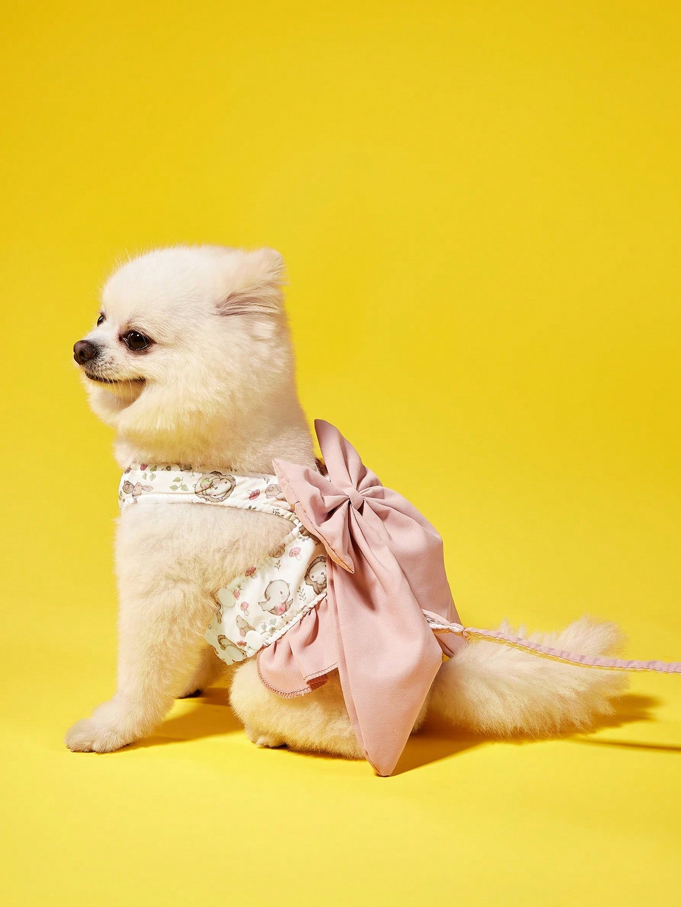 Dusty pink Japanese style 3-in-1 pet harness and leash set with bowknot design and plant pattern for cats and dogs