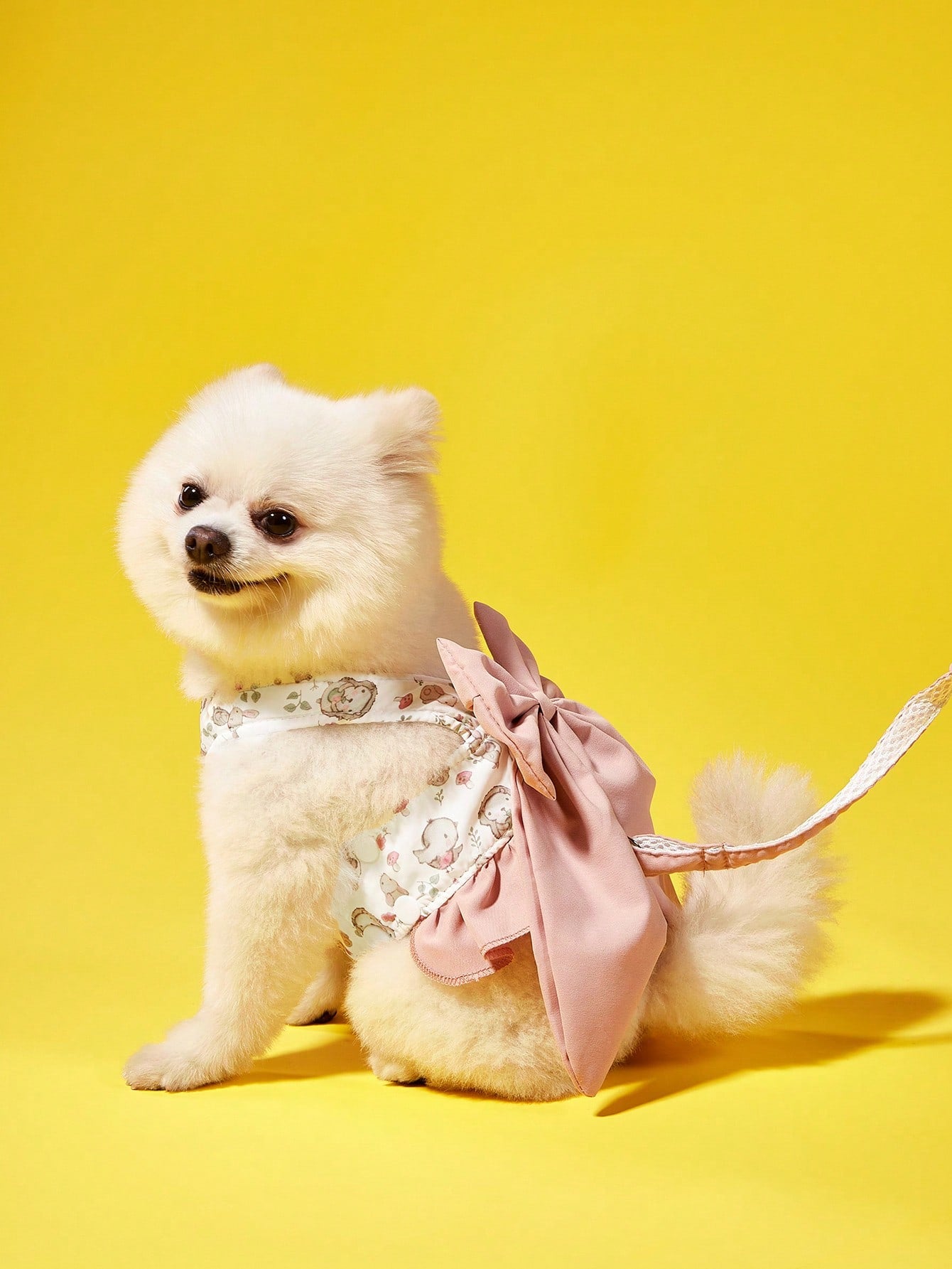 Dusty pink Japanese style 3-in-1 pet harness and leash set with bowknot design and plant pattern for cats and dogs