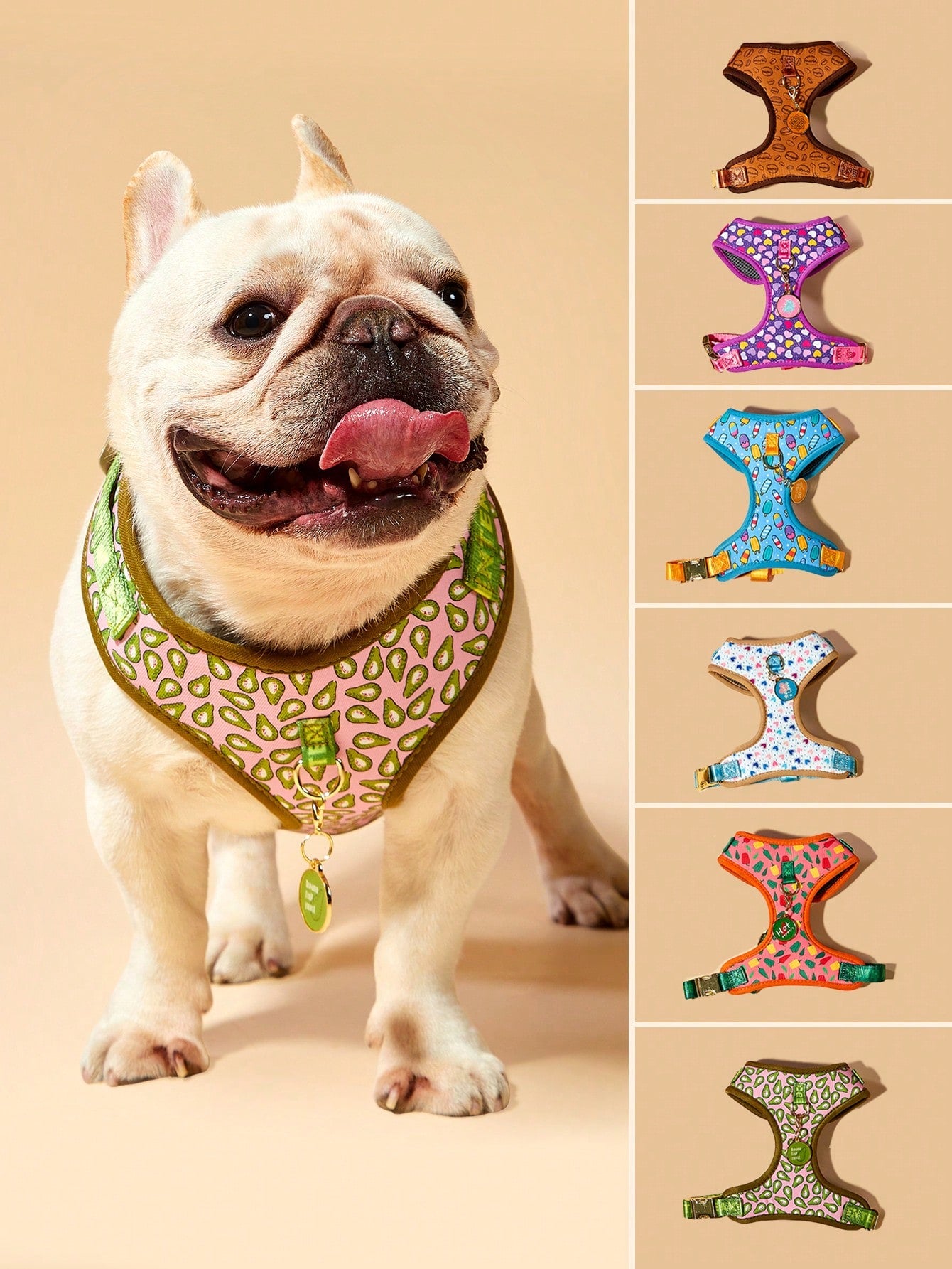 Multicolor printed dog harness with matching zinc alloy ID tag for dogs and puppies, featuring cartoon, geometric, and plant pattern styles.
