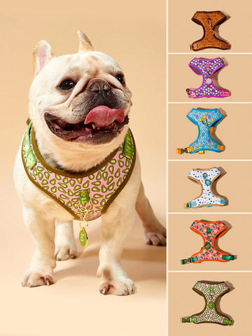 Multicolor printed dog harness with matching zinc alloy ID tag for dogs and puppies, featuring cartoon, geometric, and plant pattern styles.