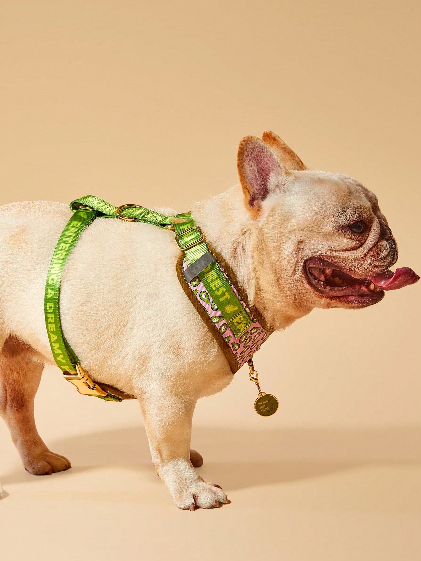Multicolor printed dog harness with matching zinc alloy ID tag for dogs and puppies, featuring cartoon, geometric, and plant pattern styles.