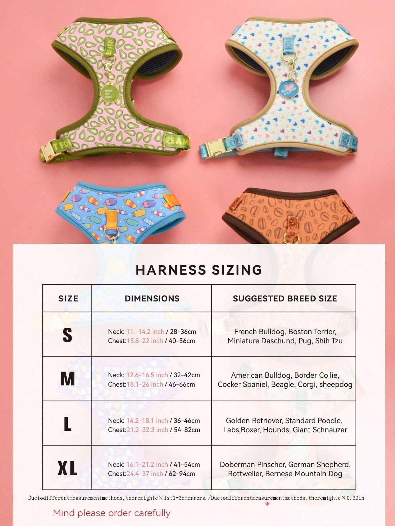 Multicolor printed dog harness with matching zinc alloy ID tag for dogs and puppies, featuring cartoon, geometric, and plant pattern styles.