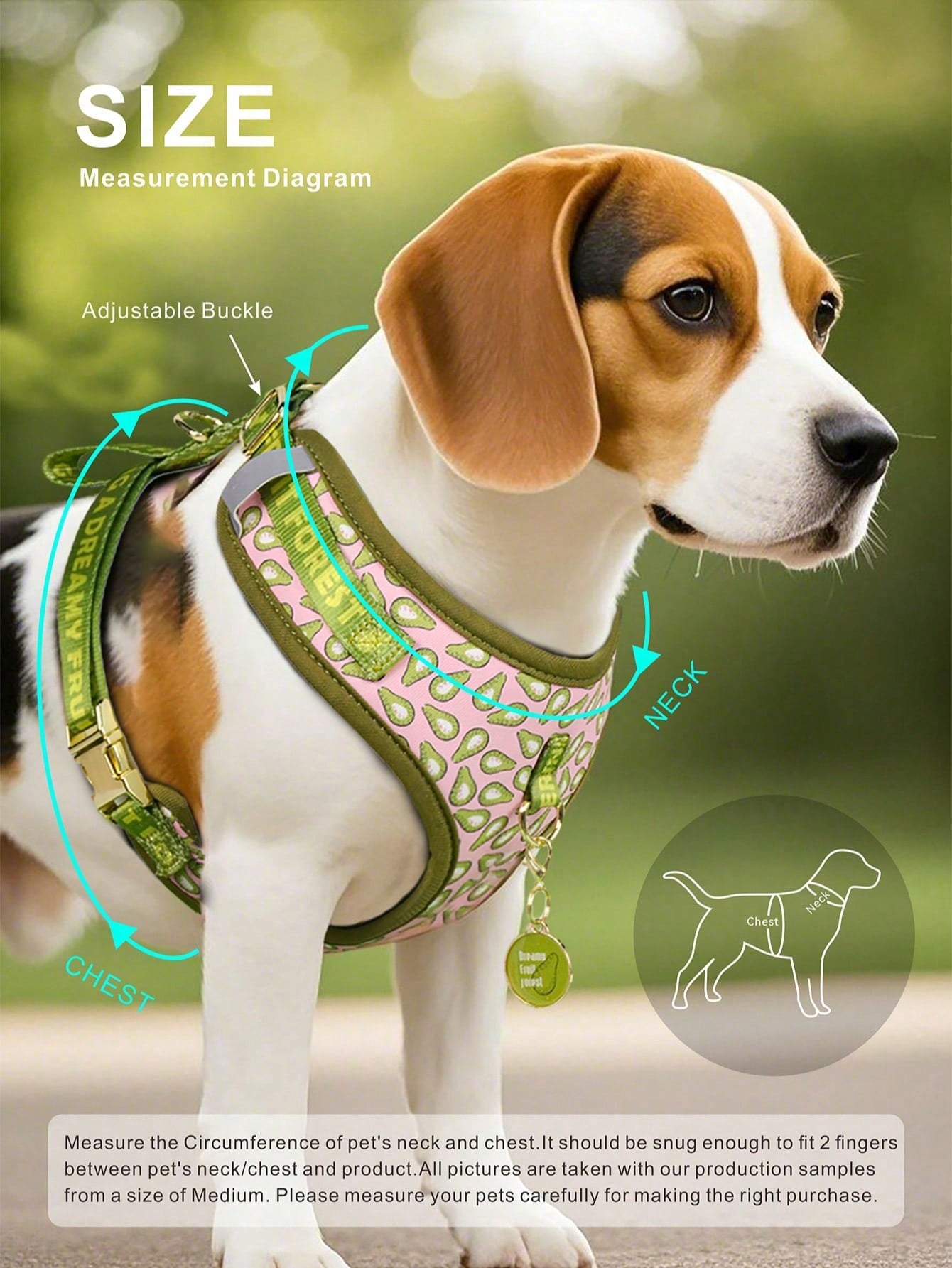 Multicolor printed dog harness with matching zinc alloy ID tag for dogs and puppies, featuring cartoon, geometric, and plant pattern styles.
