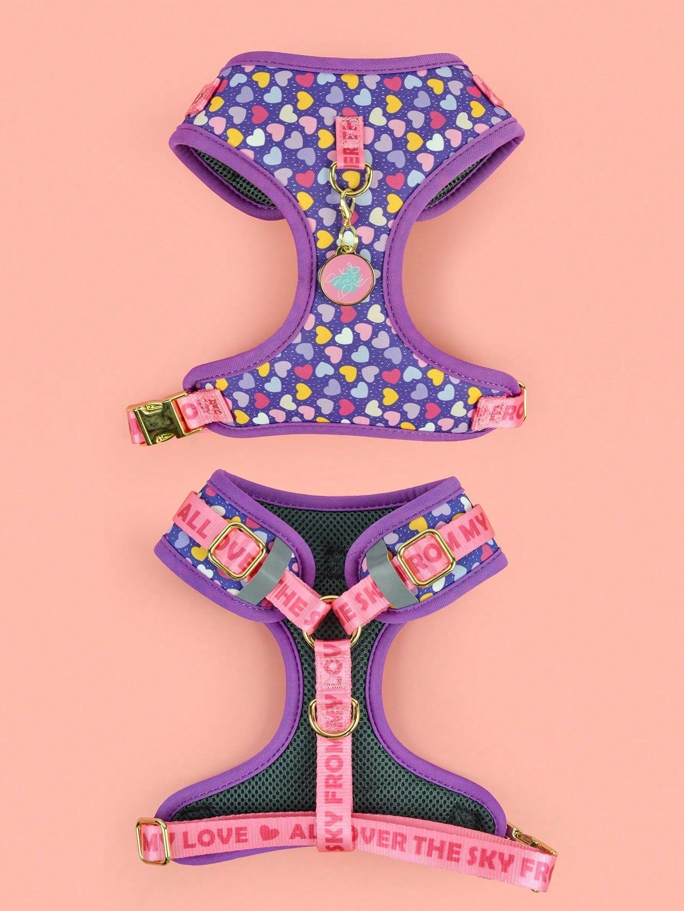 Multicolor printed dog harness with matching zinc alloy ID tag for dogs and puppies, featuring cartoon, geometric, and plant pattern styles.