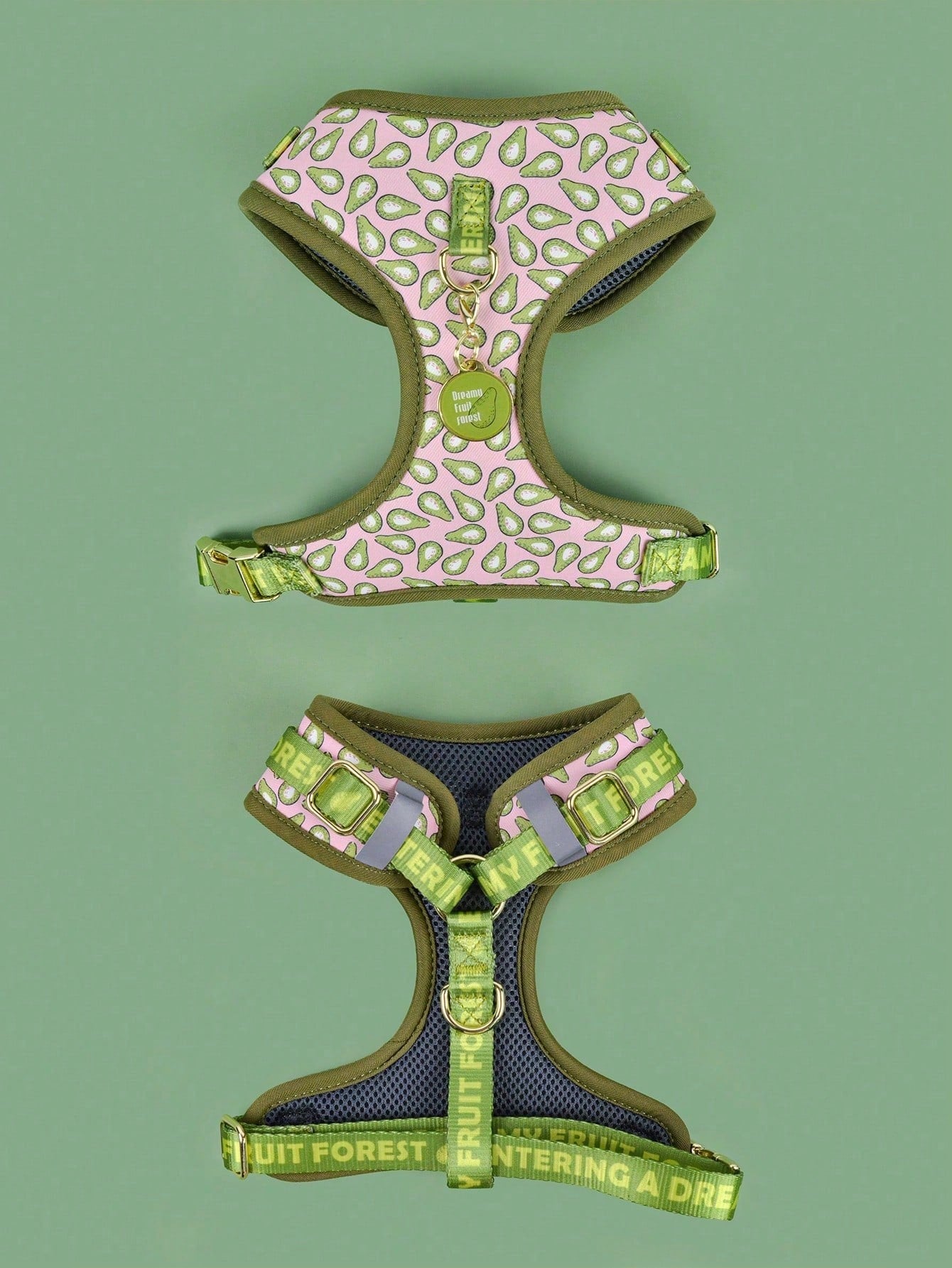 Multicolor printed dog harness with matching zinc alloy ID tag for dogs and puppies, featuring cartoon, geometric, and plant pattern styles.