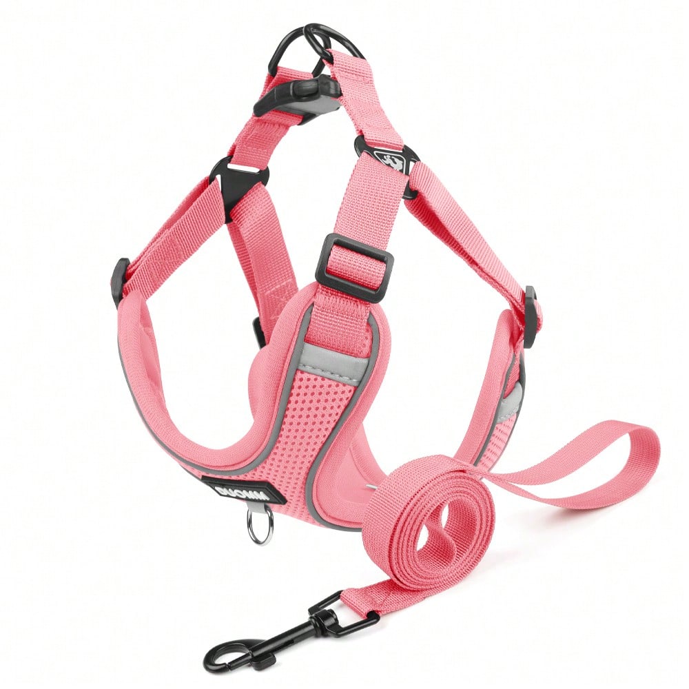 Black reflective dog leash set with adjustable polyester harness and collar, soft breathable mesh design for small and medium dogs during outdoor walks