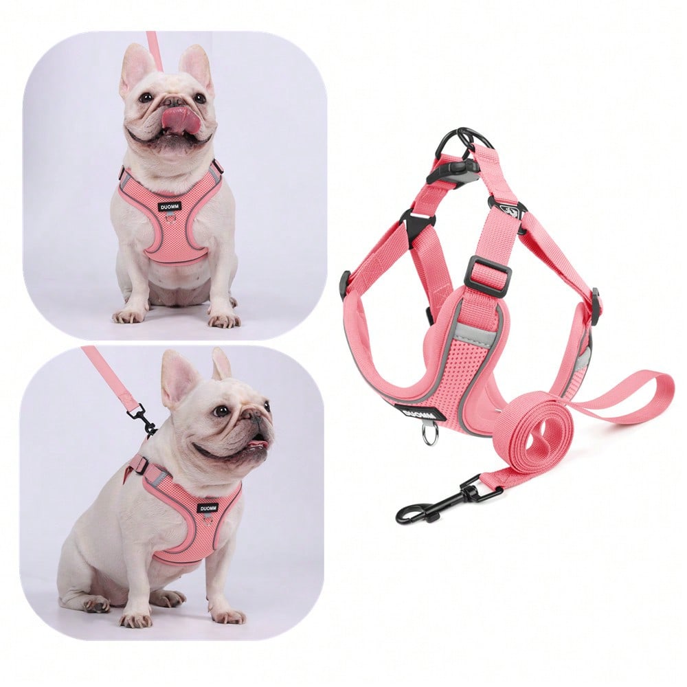 Black reflective dog leash set with adjustable polyester harness and collar, soft breathable mesh design for small and medium dogs during outdoor walks
