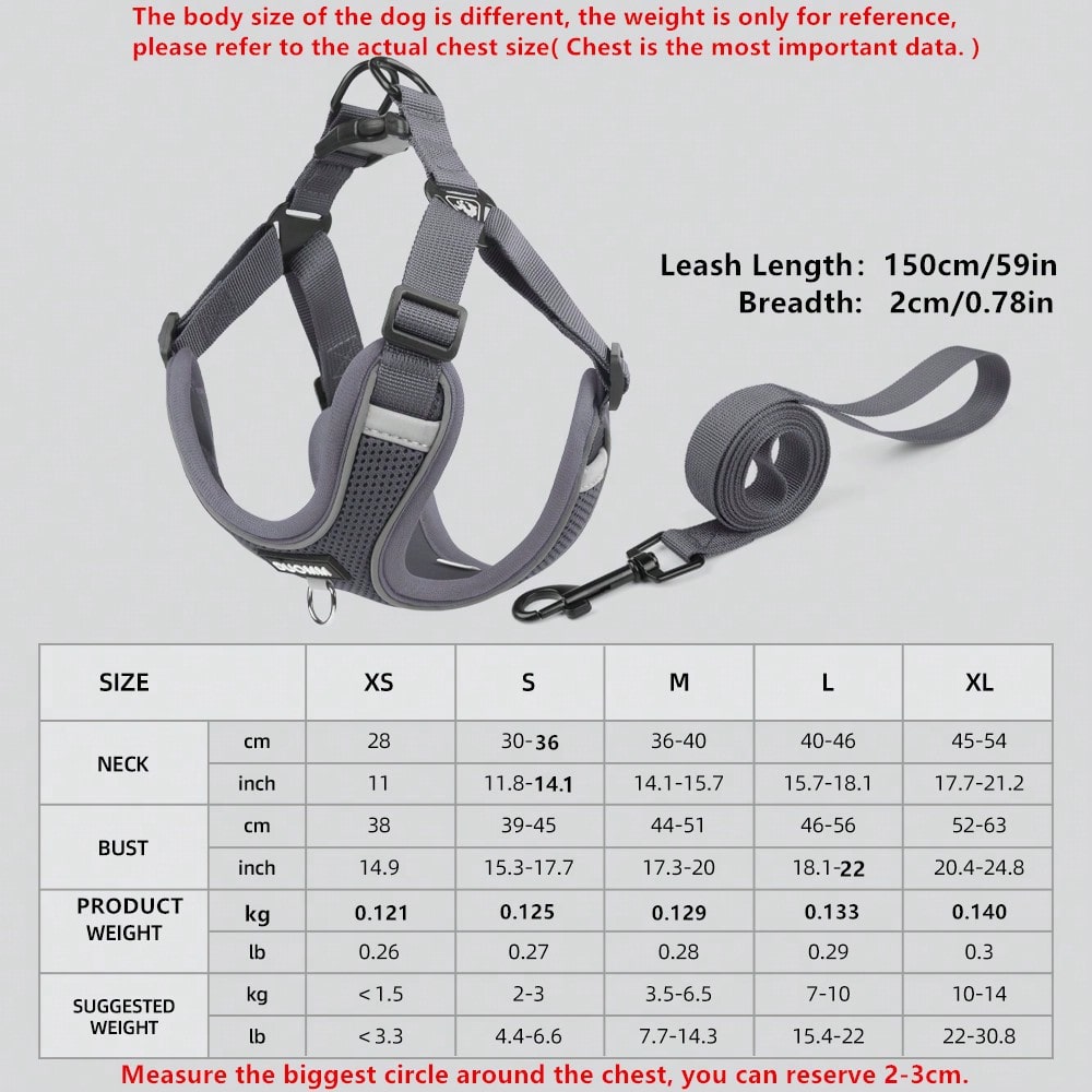 Black reflective dog leash set with adjustable polyester harness and collar, soft breathable mesh design for small and medium dogs during outdoor walks
