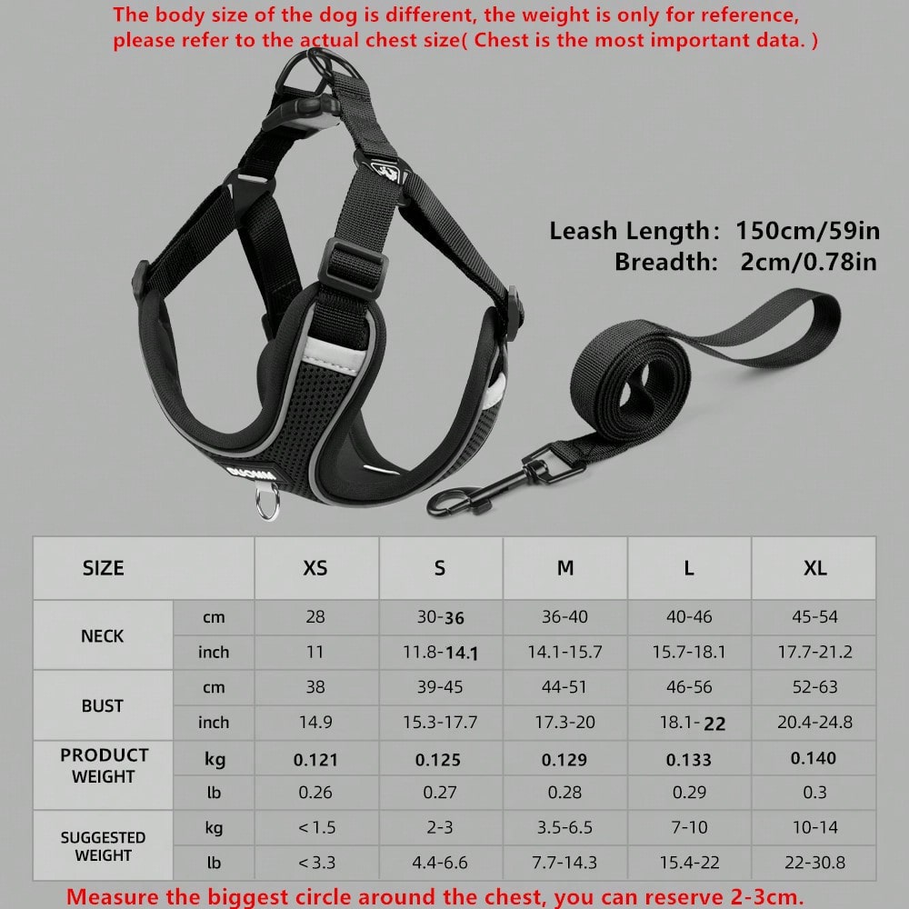 Black reflective dog leash set with adjustable polyester harness and collar, soft breathable mesh design for small and medium dogs during outdoor walks