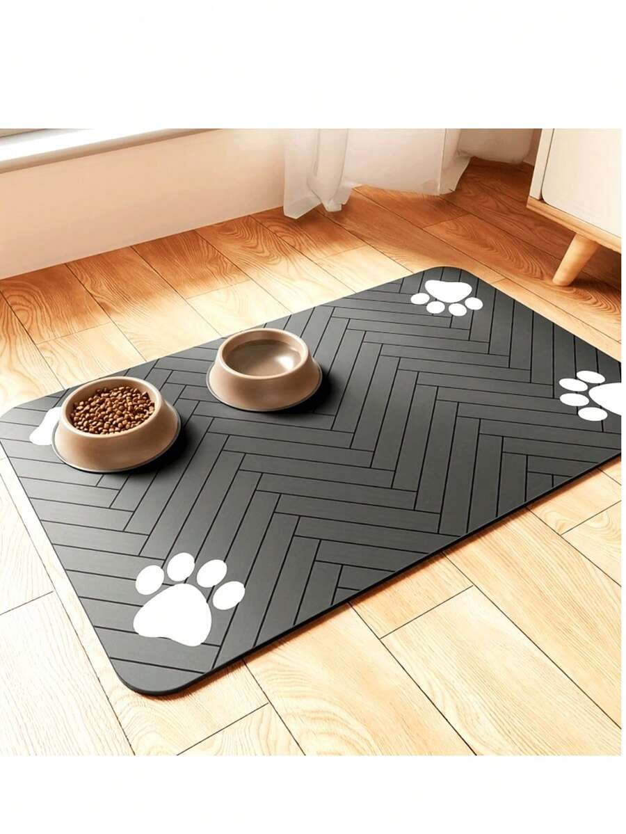 Quick-drying cartoon pet feeding mat for cats and dogs featuring an absorbent splash-proof polyester design.