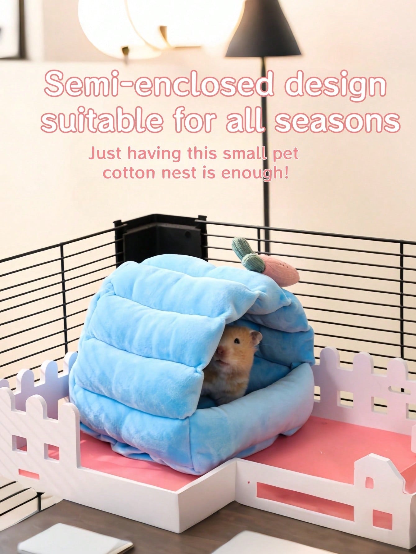 Multicolor flower branch print hamster hammock and heating pet nest bed hanging inside a cage for small pets like hamsters, squirrels, and hedgehogs.