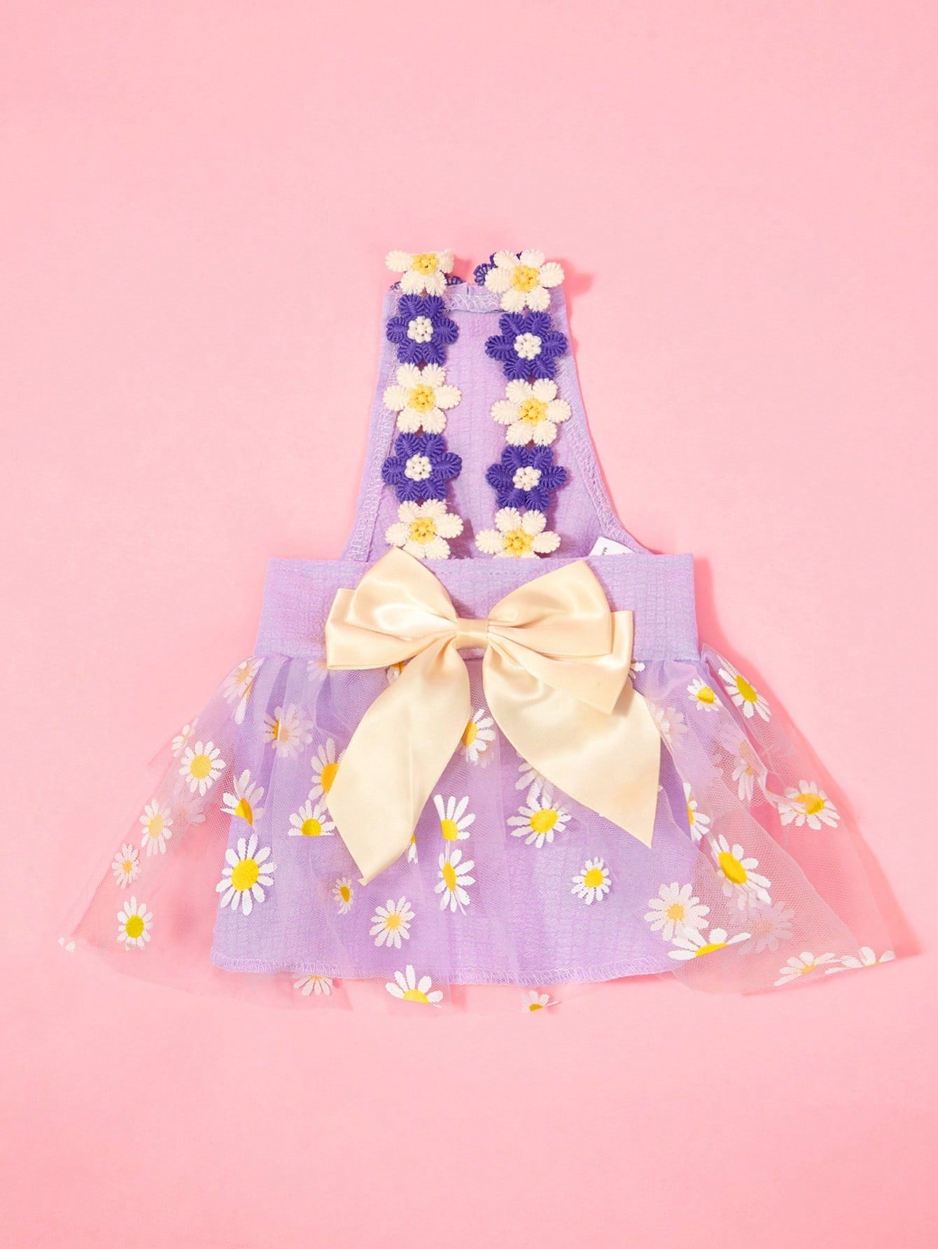 1pc Cute Small Daisy Lace Purple Tulle Bow Dress, Sweet Dog Apparel For Pet Universal