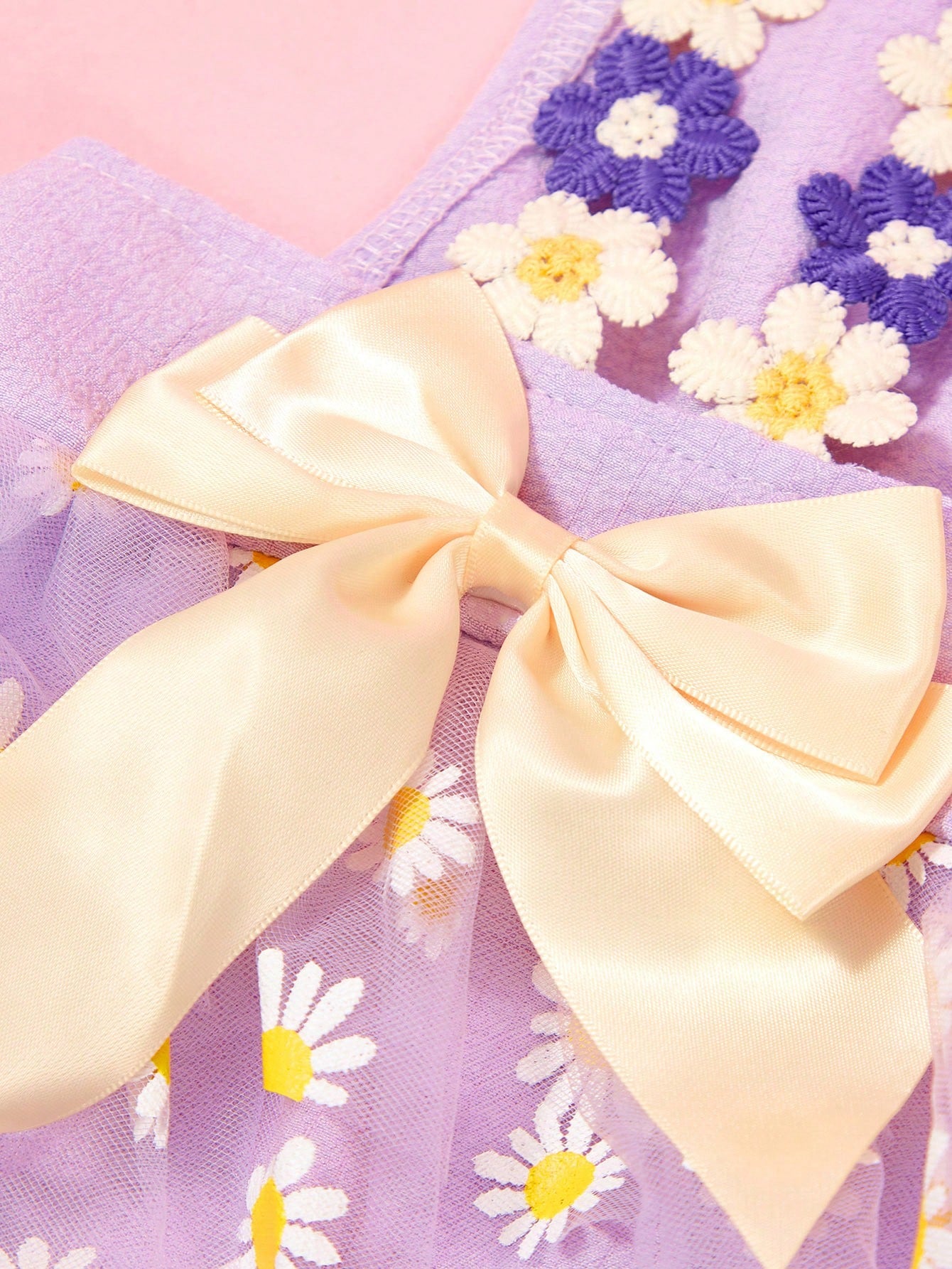 1pc Cute Small Daisy Lace Purple Tulle Bow Dress, Sweet Dog Apparel For Pet Universal