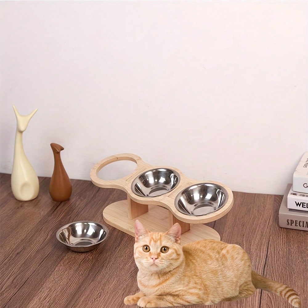 15° Tilted Elevated Cat Bowl, Anti-Vomiting Design, Adjustable Wooden Stand For Dog Bowls, 3 Stainless Steel Bowls, Suitable For Cats And Small Dogs