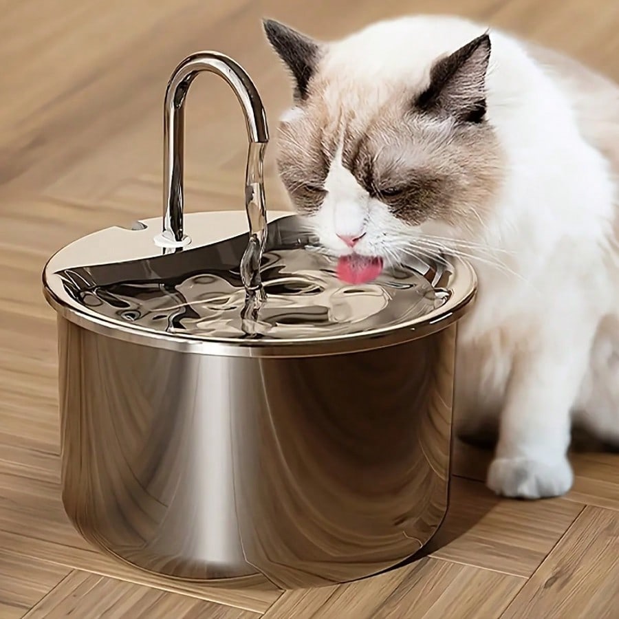 Stainless steel automatic pet water dispenser with USB power cord and splash-proof tray for indoor cats and dogs.